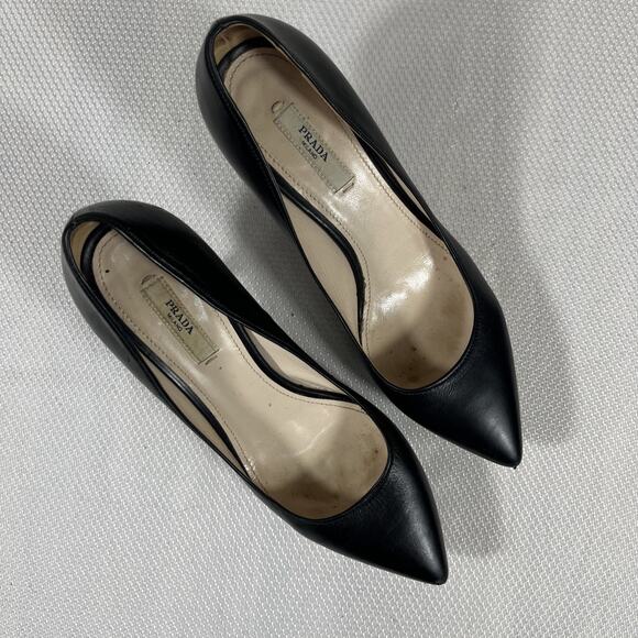 Prada Black Leather Pointed Toe Platform Pumps Size 37.5 US 7 - Picture 12 of 13